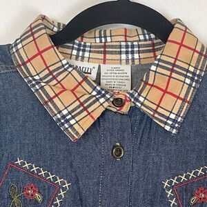 Vintage Embroidered Shirt Denim Blue Plaid Collar Button Front Long Sleeve XL